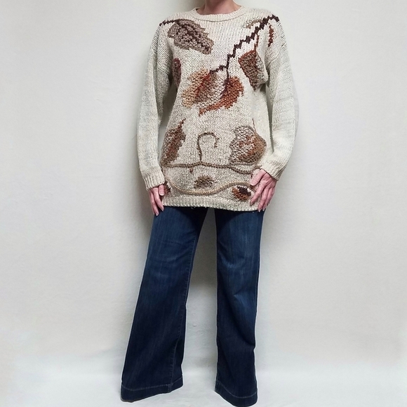 VINTAGE 90s Cabin Creek Beaded Autumn Leaf Loose Knit Textured Pull-over Sweater - Picture 2 of 14